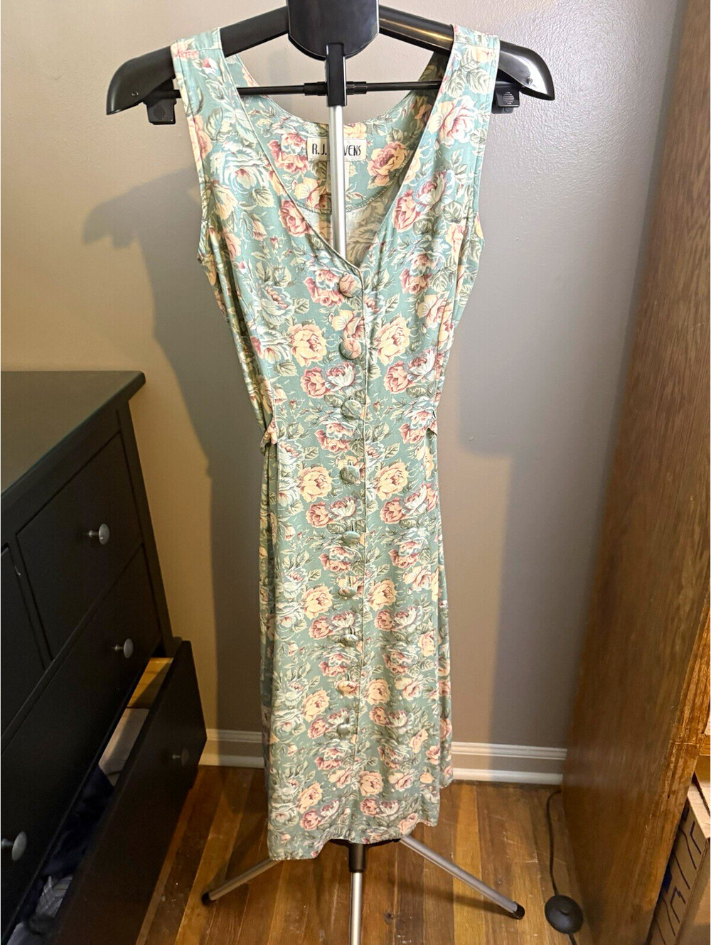Vintage R.J. Stevens Size 8 Sage Floral Midi Dress Cottagecore 90s